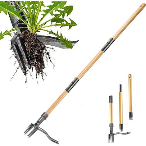 Extracteur de mauvaises herbes avec manche de 1,1 m de long – Tête en acier à 4 griffes pour enlever les mauvaises herbes, ne se plie pas, outil de désherbage de jardin (1/5)