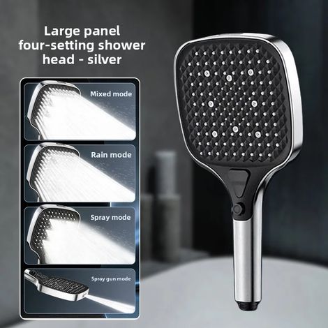 (Argent) Pommeau de douche haute pression à 4 modes, panneau large de 15 cm, interrupteur à un bouton, convient à un usage familial.
