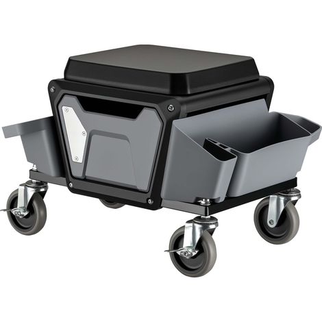 Wiltec Rollsitz 53 x 38 x 38 cm bis 120 kg, Werkstatthocker mit Rollen, Rollhocker mit Werkzeugablage, Werkstattstuhl mit abnehmbarer Teileablage, Montagehocker mit Rädern