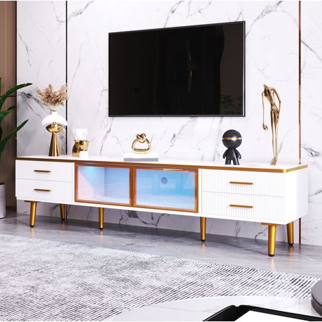Meuble tv rangement LED 170 cm blanc verre trempe design HAVRYA (1/5)