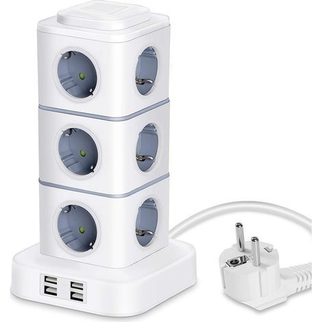 Tour Multiprise, 12 Prises Multiprise Electrique (2500W / 10A) avec 4 Ports USB, Multi Prises électriques Parafoudre Multiprise Verticale pour Maison Bureau, Rallonge 3M (1/5)