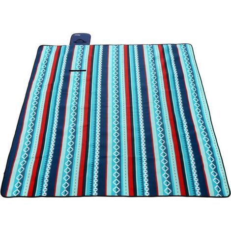 Manta de picnic de 200x150 cm con rayas coloridas y estampado étnico, repelente al agua y portátil, azul/rojo. (1/5)