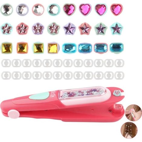 Máquina de abalorios rosa para manualidades, juguete para peinar el cabello con 24 diamantes, 18x5x3.5cm para peinados de niñas y joyería (1/4)