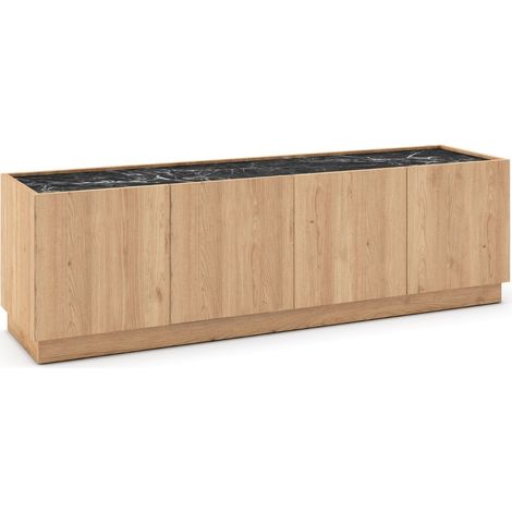 Meuble TV 4 portes 160cm en mélaminé imitation bois et marbre noir - ODALYS