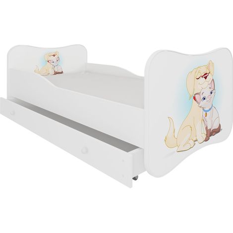 Lit enfant bois blanc à tiroirs avec imprimé chien et chat 70x140 ou 80x160 - Sommier et matelas inclus - Ondula-70x140 (1/5)