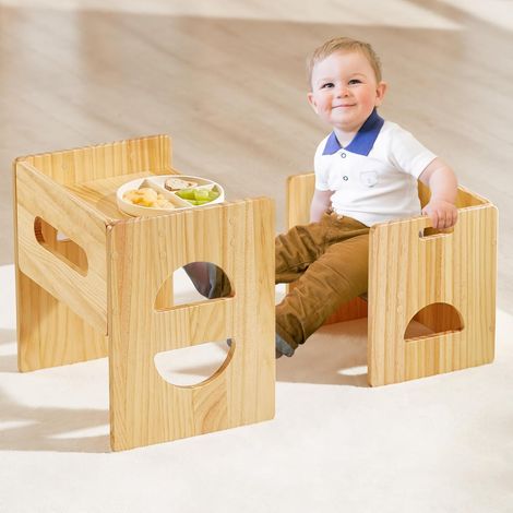 Ensemble Table et Chaise Montessori à Hauteur réglable pour 1-3 Ans, Ensemble Table et Chaise en Bois Massif, pour bébé pour Lire/Manger/Jouer - Naturel (1/5)