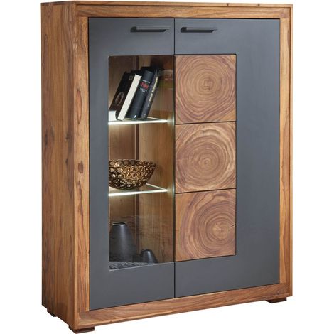 Massivmoebel24 – Buffet haut 103x40 en palissandre teinté brun – Corps en bois massif – Panneaux MDF avec vernis anthracite – Poignées métalliques industrielles