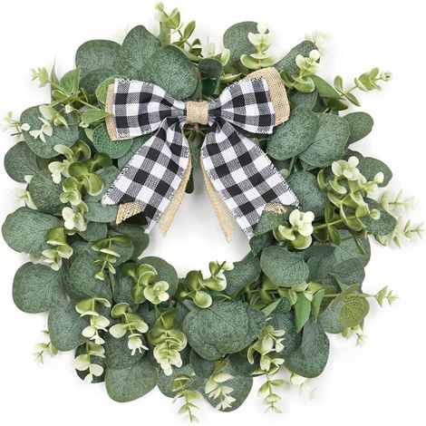 Couronne De Feuillage - Couronne Eucalyptus Artificielle - 35 Cm - Ruban À Carreaux - Décoration Intérieure Et Extérieure - Pour Porte, Mur, Balcon, Mariage - 1 Pièce (1/5)