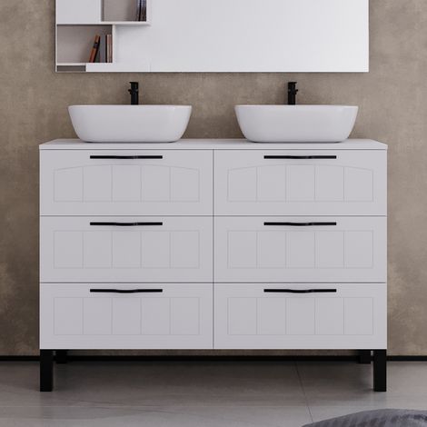 Meuble de salle de bain 120cm avec plateau et deux vasques à poser ovales - 6 tiroirs - sans miroir - blanc - CALA (1/5)