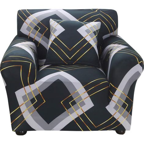 1-Seater Stretch Geometric Print Sofa Cover, Elastic Sofa Slipcover, Protective Armchair Cover + One Pillowcase in the Same Colour (Gift) (Lingge Trend) (1/5)