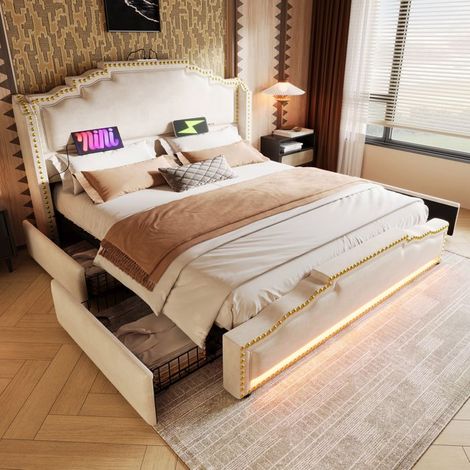 Lit capitonné 160x200 cm velours beige - 4 tiroirs, LED intégrée, ports USB-C, sommier à lattes (sans matelas)