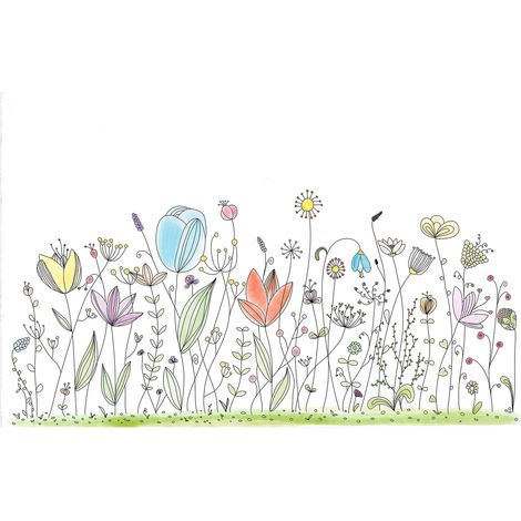 Papier peint panoramique multicolore floral effet dessin | Tapisserie panoramique fleurie chambre bébé | Papier peint panoramique chambre enfant & fille - 267 x 400 cm (4 pièces) (1/2)