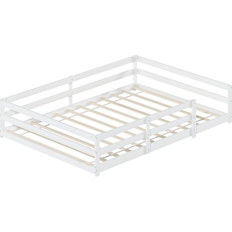 Lit Montessori au sol avec barrières 4 côtés 140 x 200 cm en bois de pin blanc (1/5)