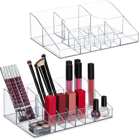 Relaxdays Portatrucchi, Set da 2, Organizer con 14 Scomparti, Contenitore Make-Up e Rossetti, Plastica, Trasparente