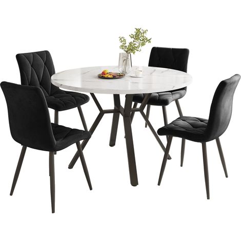 MEUBLIV Essgruppe runder Esstisch und 4 Stühle schwarz/weiß, Marmoroptik, 100x75 cm (1/5)