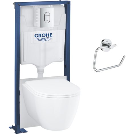 Pack inodoro suspendido sin aro Grohe Essence + asiento + placa cromada + estructura Grohe + Dispensador de papel (1/5)