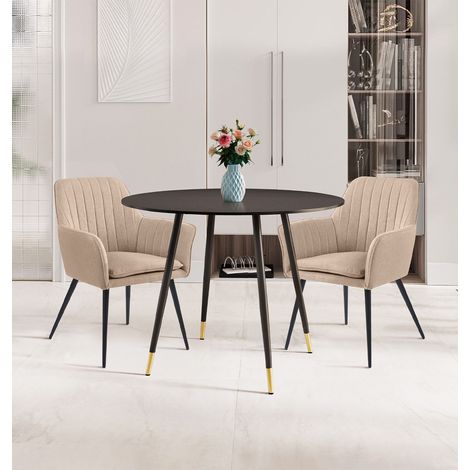 Hallowood Furniture Finley Small Dining Table and Chairs Set 2, Black Round Dining Table with Two Light Brown Fabric Seats, Compact Kitchen Set for Home, Office, or Café Use (1/5)