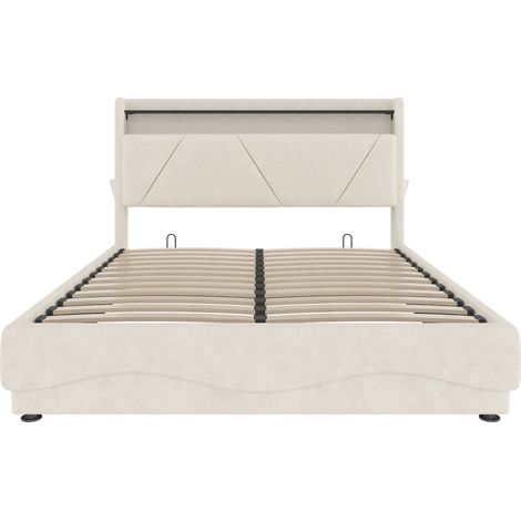 Cama tapizada 140 x 200 cm beige con cabecero LED, almacenaje y puertos USB Type-C (1/5)
