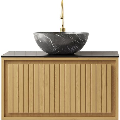 Lavabo suspendu 61cm, vasque céramique noire motif pierre, plan en pierre frittée noire, meuble contreplaqué tiroir, placage chêne Corolla. (1/5)