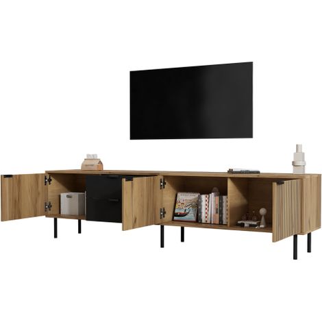 Meuble TV en Bois Couleur Chêne 208×40×48 cm, Buffet avec Portes à Canelures et 2 Tiroirs Noirs, Meuble de Rangement Multifonction pour Salon et Espace de Divertissement (1/5)