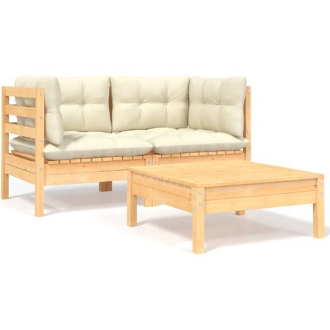 Salon de jardin 3 pcs Contemporain, Ensemble repas de jardin, avec coussins crème Bois de pin massif OIB2910E (1/5)