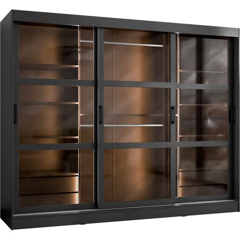 Armario Comfivo Opus, Negro, 203x250x65cm, Puertas de armario: Correderas, Número de estantes: 7, LED