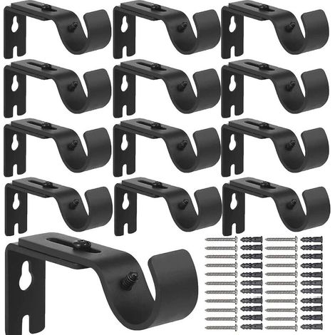 Set mit 12 verstellbaren Gardinenstangenhalterungen zur Wandmontage, inklusive Schrauben – Schwarz (1/5)