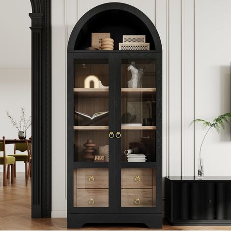 Buffet haut noir en MDF et verre transparent, avec étagères réglables, tiroirs et espace ouvert, 76,2 x 40,1 x 180 cm pour cuisine ou salle à manger – CHICFURN (1/5)