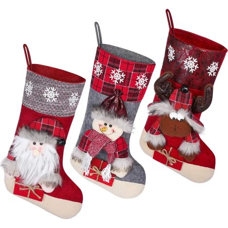 Chaussettes de Noël en peluche 3D avec Père Noël, bonhomme de neige et renne, idéales pour décorer votre maison ou pour les fêtes de Noël (lot de 3). (1/5)