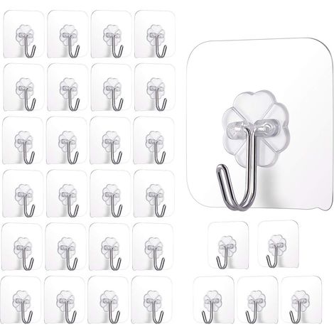 Lot de 30 crochets adhésifs sans perforation Transparents et réutilisables - Sans couture - Imperméables et résistants à l'huile - Pour salle de bain, 6x6cm (1/5)