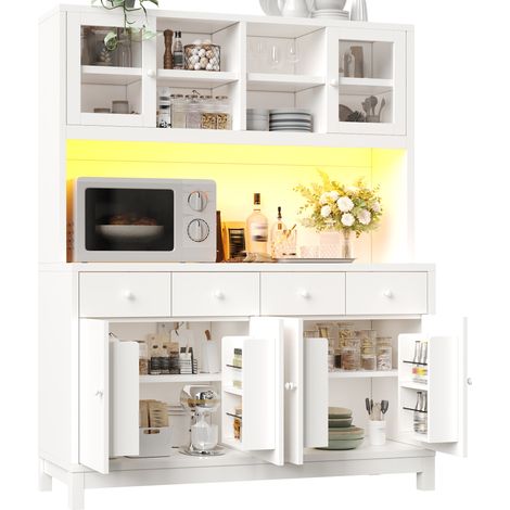 Buffet haut 140 cm blanc avec LED RGB pilotée par appli, portes vitrées, 4 tiroirs, étagères réglables et rangements latéraux, style moderne - CHICFURN (1/5)