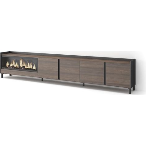 Skraut Home - Meuble TV, Banc Télé, Grand espace de Rangement, 315x35x61cm, Pour les TV jusqu'à 80", Cheminée électrique XXL, Design industriel, Style moderne, Chêne foncé et Noir (1/5)