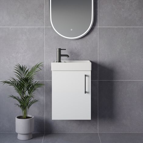 Napoli Cube Gloss White 400mm Wall Mounted Single Door Vanity Unit with Align Basin - 400mm - Gunmetal Grey 160mm Handle