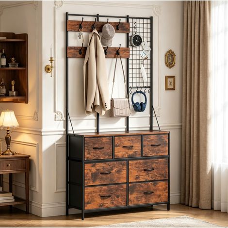 Perchero recibidor 100x30x183 cm de acero marrón, 7 cajones, ahorra espacio – MEUBLIV (1/5)