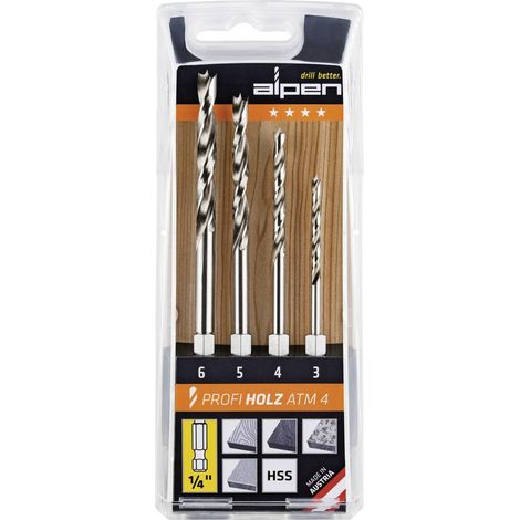 ALPEN MACHINES À BOIS HÉLICOÏDALES HSS-PROFI EN BOIS, 1/4 ''QUEUE 6 PANS-DIAMÈTRE :  3, 4, 5, 6 MM, 4 PIÈCES DANS COFFRET EN PLAS (1/2)