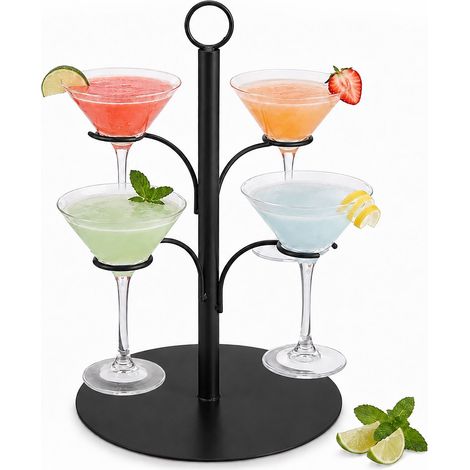 Torre para bebidas Relaxdays, 4 copas, acero, presentación de cóctel, Spritz y vino, soporte, negro (1/5)
