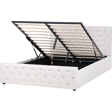 Cama doble tapizada poliéster beige 160 x 200 cm con almacenamiento cabecero acolchado Amiens