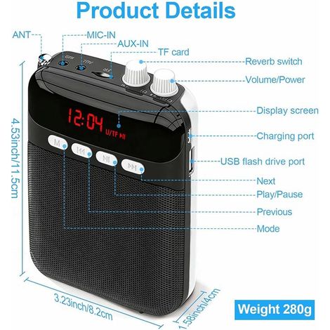 Amplificateur de Voix Portable pour Enseignants avec Bluetooth, Système de Sonorisation Rechargeable 2400 mAh avec Microphone Filaire Voix les Guide Touristique (Noir) (1/4)