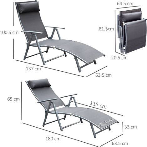 Transat pliant avec coussin, chaise longue avec dossier réglable 7 positions, supportant jusqu'à 165 kg, idéal pour le jardin, les vacances, l'extérieur, la plage, la piscine, gris. (1/5)