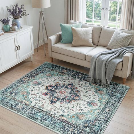 Vintage Tapis de Salon 120x180 cm Lavable Bleu/Vert/Marine/Rouge Tapis Salon, Tapis Chambre, Lavable en Machine, Vintage, Boho, Rétro, Antidérapant, Cuisine, Salle à Manger, Douce, OEKO (1/5)