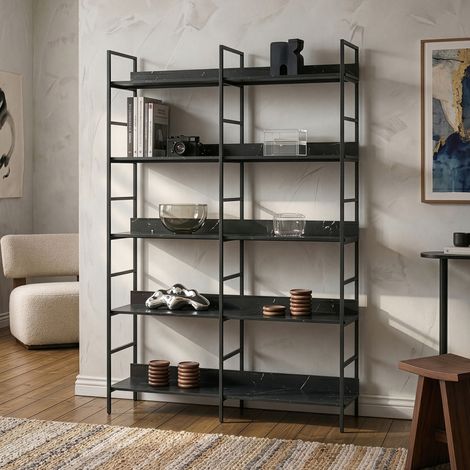 Estantería de pie Noskik de 5 niveles 180x120x30cm - Negro/Efecto mármol negro [en.casa] (1/5)