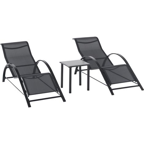Lot de 2 transats avec table basse à étagère, tissu respirant et métal, 59 x 169 x 66 cm, noir (1/5)