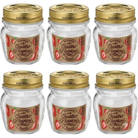Set 6 Vasi Barattoli in Vetro Quattro Stagioni 8cl con Capsula a vite con pulsante verifica freschezza Ermetica Vasocottura Pastorizzazione Contenitori vasetti Lead Free 80ml Bor-mioli Ro-cco (1/5)