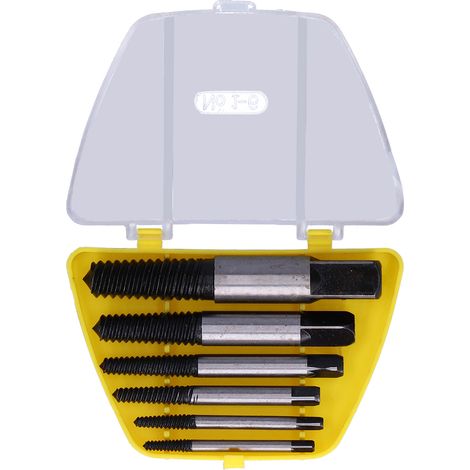 Extracteur de vis (lot de 6) pour boulons cassés ou endommagés, en acier rapide, avec forets à gros filetage. (1/5)