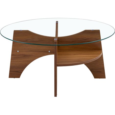 Table d'appoint ronde en verre de sécurité 80 cm, design minimaliste avec piètement fendu en MDF effet bois foncé, pour salon et bureau – CHICFURN (1/5)