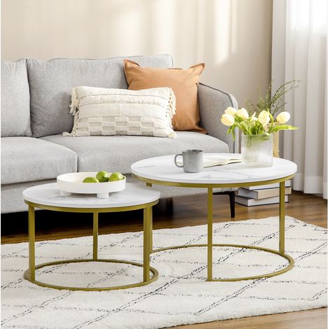 Tavolino Sovrapponibile Rotondo 2 Pezzi 74/59 cm, Top Effetto Marmo Bianco e Base Acciaio Dorato (1/5)