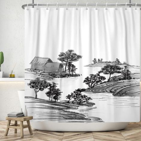 Rideau de Douche Japonais Paysage lac Arbre Rural Vintage Enfants Salle de Bain décor avec Crochet 120x180cm (1/5)