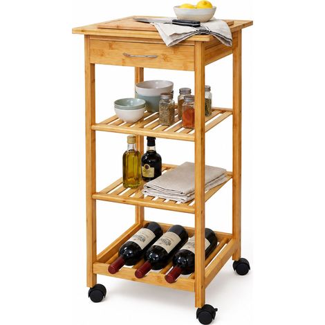 Relaxdays Küchenwagen, Bambus, 4 Ebenen, Flaschenhalter, Gewürze & Vorräte, HBT: 85x39x39 cm, schmaler Rollwagen, natur (1/5)