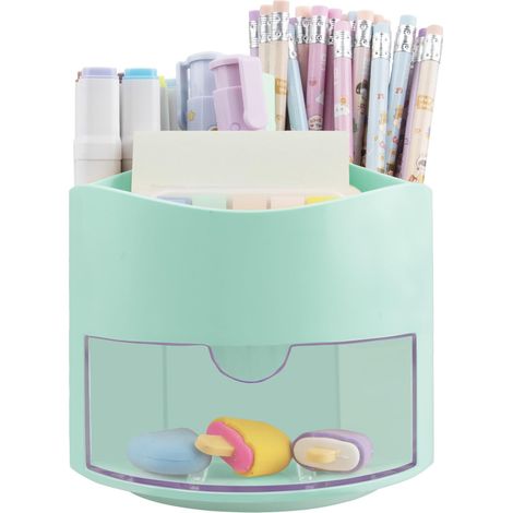 Porte-stylo tournant 360° avec tiroir, 5 compartiments pour bureau, maquillage, table de chevet, maison, bleu (1/5)