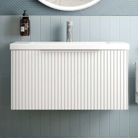 Fluted 800mm Bathroom Vanity Unit Basin Wall Hung Cupboard Soft Close Matt White (1/5)